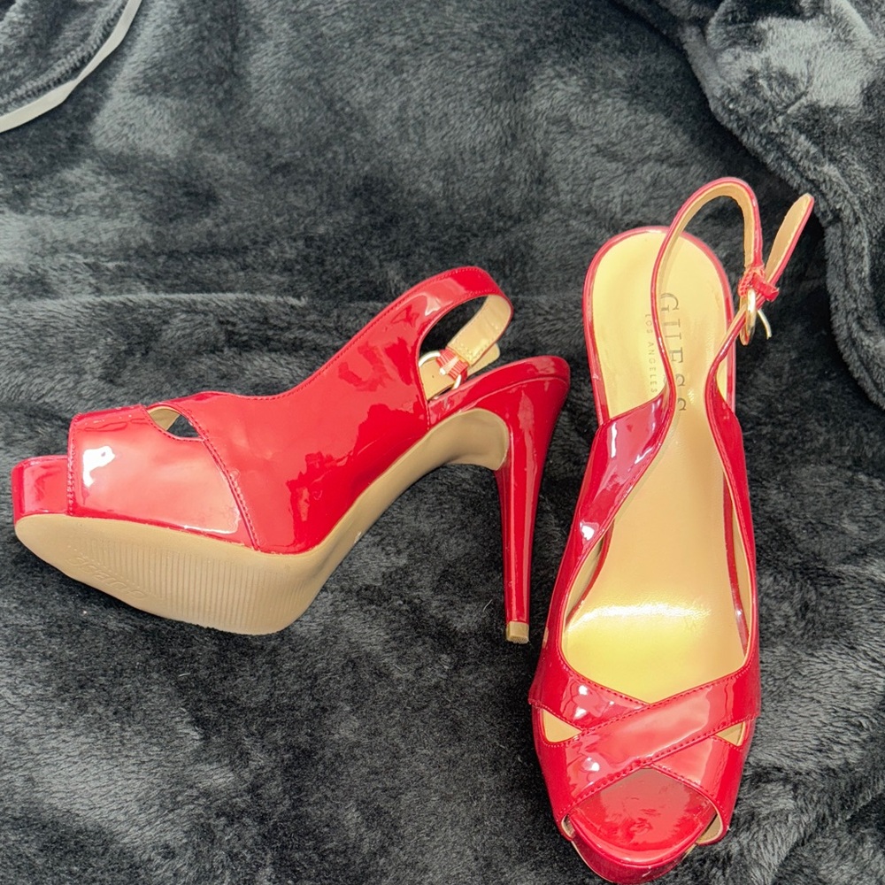 Guess Shiny Dark Red Slingback Heels